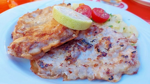 Das Bierkrustenschnitzel mit Kartoffelsalat und mehr im Brauerei-Gasthof Hummel in Merkendorf
