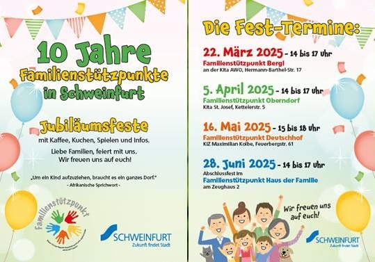 Jubiläumsfeste am 22. März, 05.April, 16.Mai und 28. Juni: 10 Jahre Familienstützpunkte