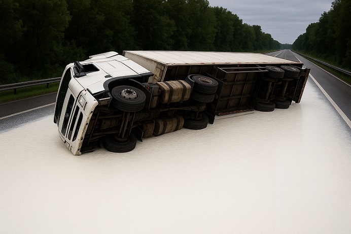 Lkw durchbricht Mittelschutzplanke und kippt um: 3000 Liter Milch ausgelaufen, Fahrer mutmaßlich unter Alkoholeinfluss