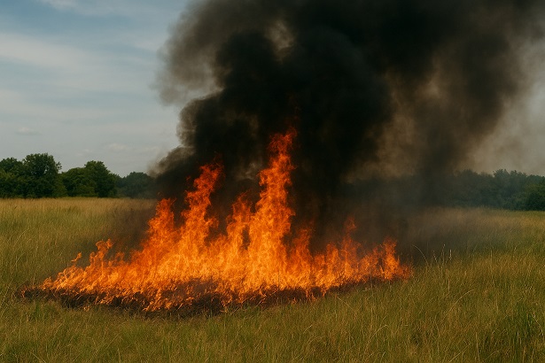 Dieser verdammte Klimwandel: Brand auf einem Wiesengrundstück konnte nur mit Wasserfässern bekämpft werden