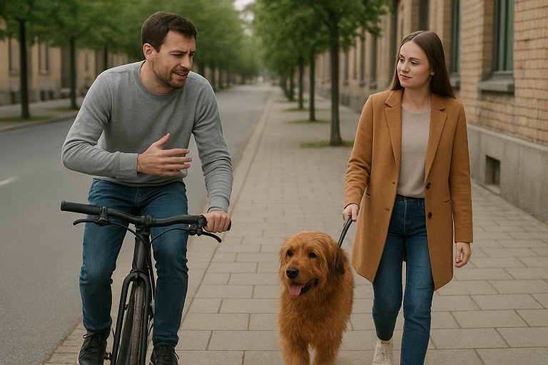 Stell Dir vor, Du radelst auf dem Gehweg – und plötzlich beißt Dir ein Hund in die Hand
