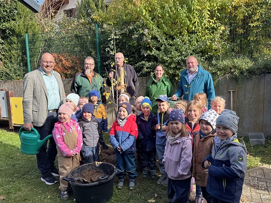 Ein Obstbaum für jeden Kindergarten: Landrat Thomas Eberth pflanzt mit Kindern einen Zwetschgenbaum in der Kita Lindflur