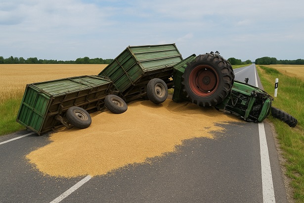 Bundesstraße 8 voller Getreide, Fahrbahn mehrere Stunden gesperrt, weil ein Traktor mit zwei Anhängern umgekippt ist