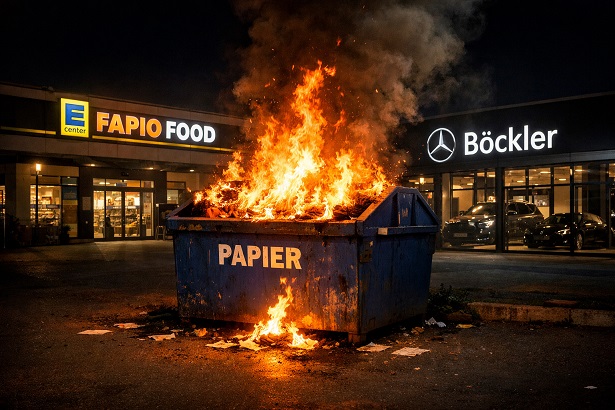 Unbekannte setzen einen Papiercontainer mit Böller in Brand und verursachen einen hohen Sachschaden