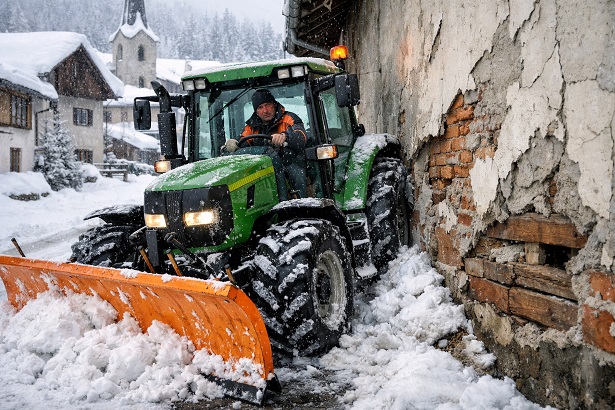 Unfallflucht: Traktor mit Schneeschild fährt gegen eine Hauswand
