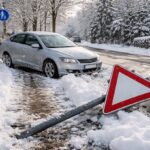 Aufgrund der geschlossenen Schneedecke rutschte ein Fahrzeug über einen Gehweg und beschädigte ein Verkehrszeichen
