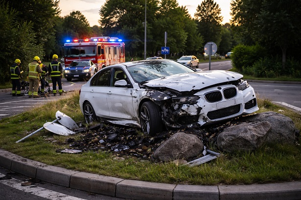 20-Jähriger verliert Kontrolle über seinen Pkw und baut einen Unfall auf der Insel eines Kreisverkehrs