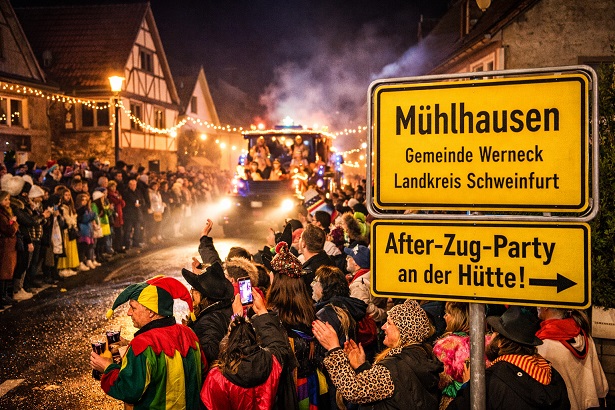 Nachtfaschingsumzug in Mühlhausen: Der Gaudiwurm schlängelt sich im Dunkeln durch das Dorf bei Werneck