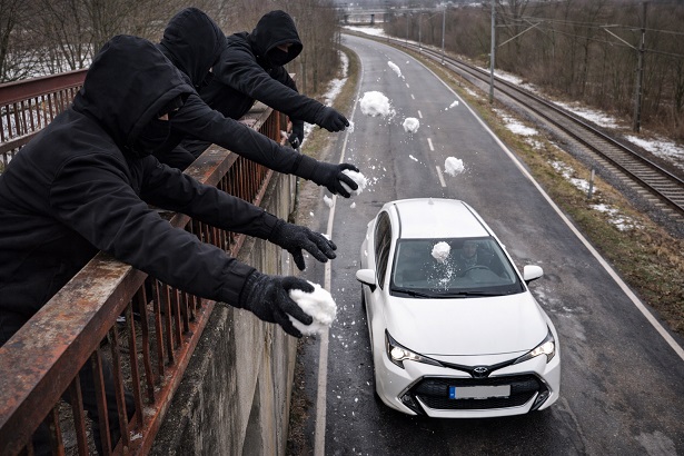 Welche drei schwarz geleideten Jugendlichen haben Schneebälle auf einen fahrenden Toyota geworfen?
