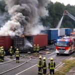 Mit Batterien beladene Container fangen das Rauchen an: Großaufgebot an Feuerwehren im Einsatz, Parkplatz neben A3 für mehrere Stunden gesperrt