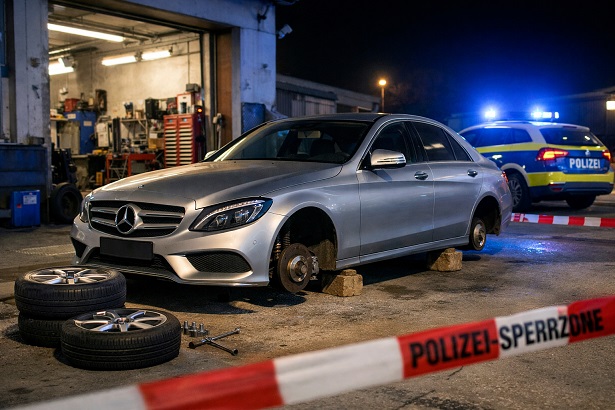 Diebstahl vom Firmenhof einer Kitzinger Werkstatt: Wer hat von einem Mercedes alle vier Reifen abmontiert und entwendet?