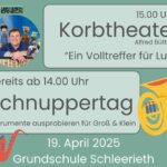 Korbtheater „Ein Volltreffer für Lutz“ mit Instrumentenschnuppern: Vor und danach dürfen in Schleerieth alle Instrumente eines Blasorchesters ausprobiert werden
