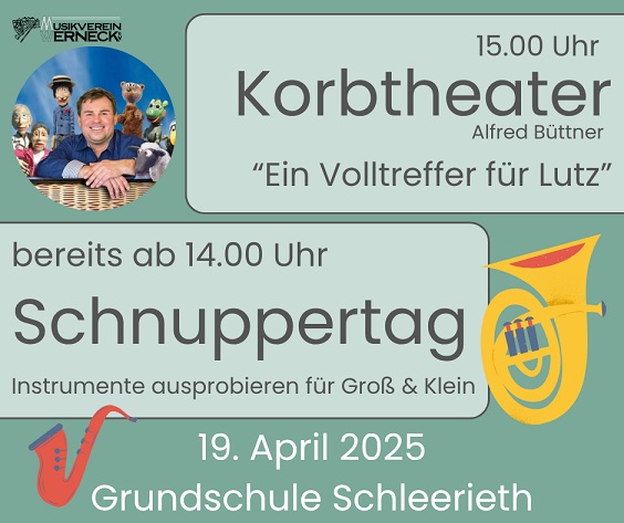 Korbtheater „Ein Volltreffer für Lutz“ mit Instrumentenschnuppern: Vor und danach dürfen in Schleerieth alle Instrumente eines Blasorchesters ausprobiert werden
