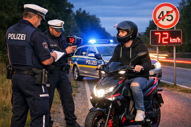 Polizei erwischt einen 27-Jährigen mit einem getunten E-Moped, das über 70 km/h anstatt 45 km/h fährt