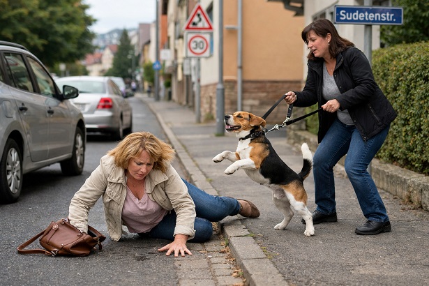 Frau erschrickt und stürzt aufgrund eines hochspringenden Hundes – und nun sucht die Polizei nach der Halterin
