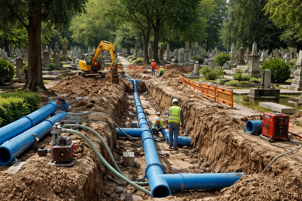 Für fünf Monate geplante Rohrnetzsanierung am Hauptfriedhof startet mit Bauabschnitt eins Mitte April
