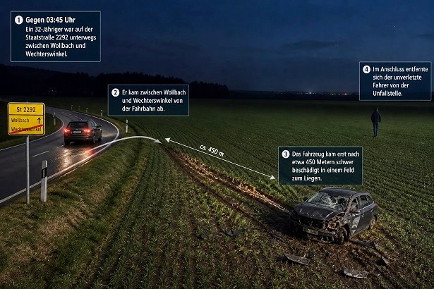 Steht ein verunfallter Pkw auf dem Feld: Der Fahrer war geflüchtet und wurde alkoholisiert an seiner Wohnadresse angetroffen