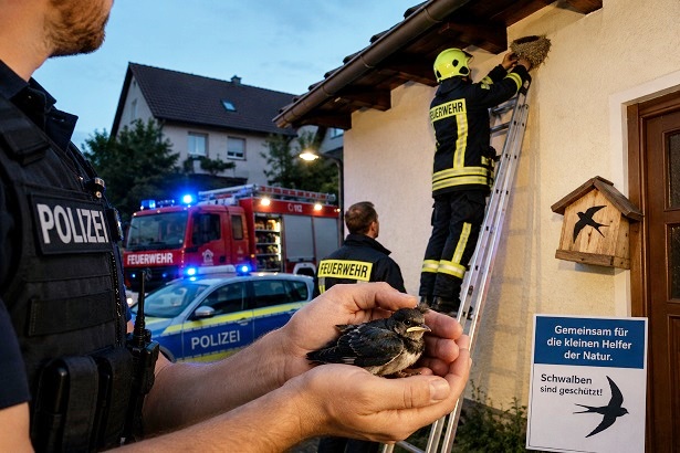 Ungewöhnlicher Einsatz: Polizei und Feuerwehr retten ein aus dem Nest gefallenes Schwalbenjunges