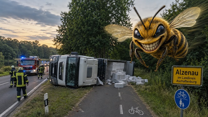 Lkw-Fahrer wird von Biene gestochen: Fahrzeug kippt zur Seite und kommt auf Radweg zum Liegen