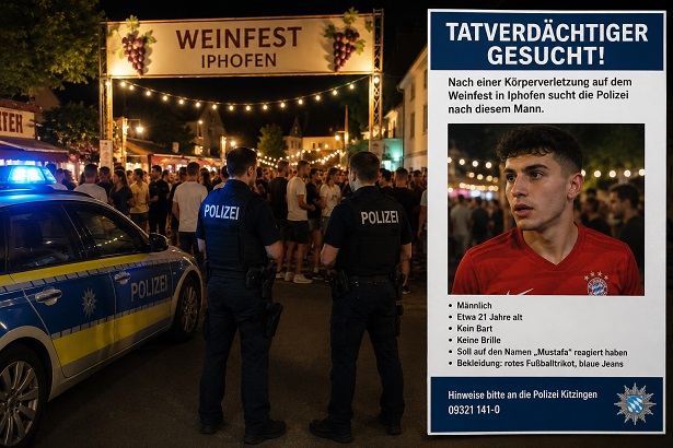 Nach einer Körperverletzung auf dem Weinfest in Iphofen sucht die Polizei nach dem Tatverdächtigen