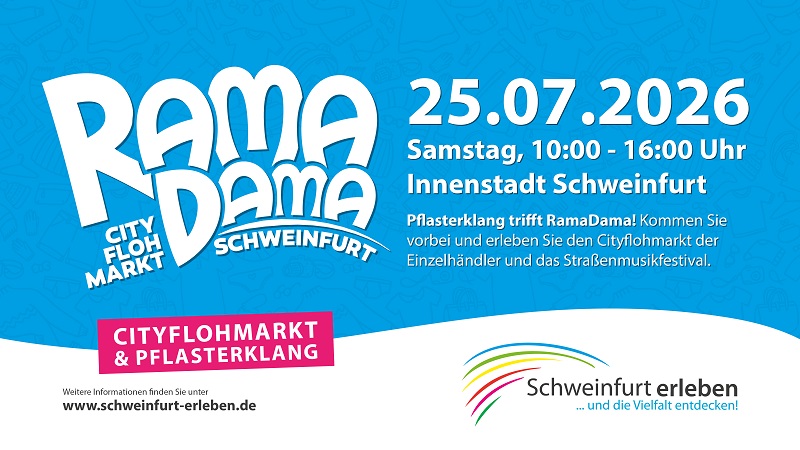 Schweinfurt lädt zum 19. City-Flohmarkt „Rama Dama“ mit dem Straßenmusikfestival „Pflasterklang“ am 25. Juli ein