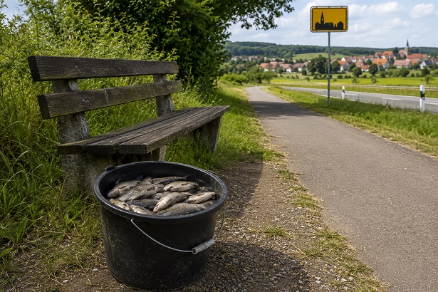 Stell´ Dir vor, Du radelst bei Ebern, willst Dich ausruhen – aber an der Parkbank steht ein Eimer mit toten Fischen