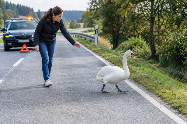 Hartnäckiger Schwan blockiert Staatsstraße: Entschlossene Verkehrsteilnehmerin löst Verkehrsstörung