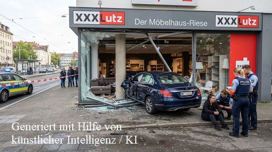 XXXLutz-Unfall: Pkw fährt in Schaufenster, die Fahrerin stand vermutlich unter Drogeneinfluss